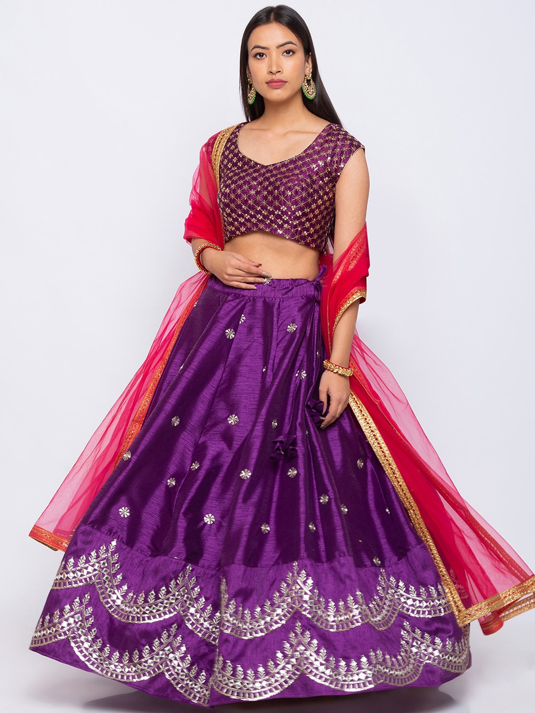 

6Y COLLECTIVE Purple & Red Semi-stitched Lehenga -unstitched blouse-stitched dupatta
