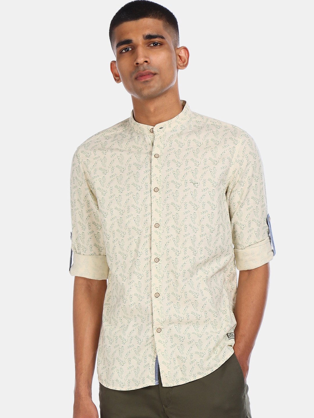 

Flying Machine Men Cream-Coloured & Green Regular Fit Printed Cotton Casual Shirt