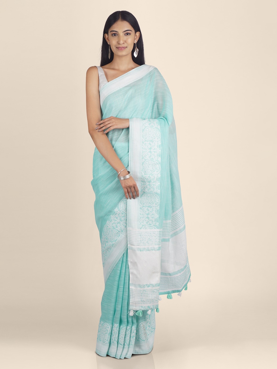 

KAJREE Sea Green & Off-White Pure Linen Solid Saree