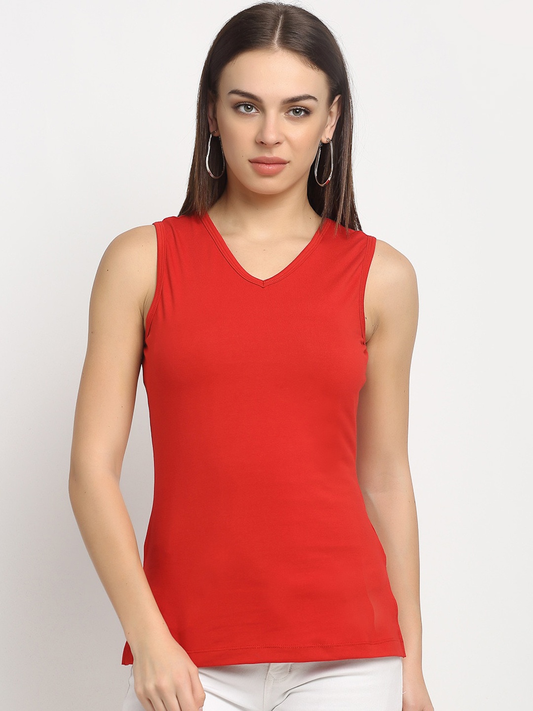

Rute Women Red Solid V-Neck Cotton Slim-Fit Pure Cotton T-shirt