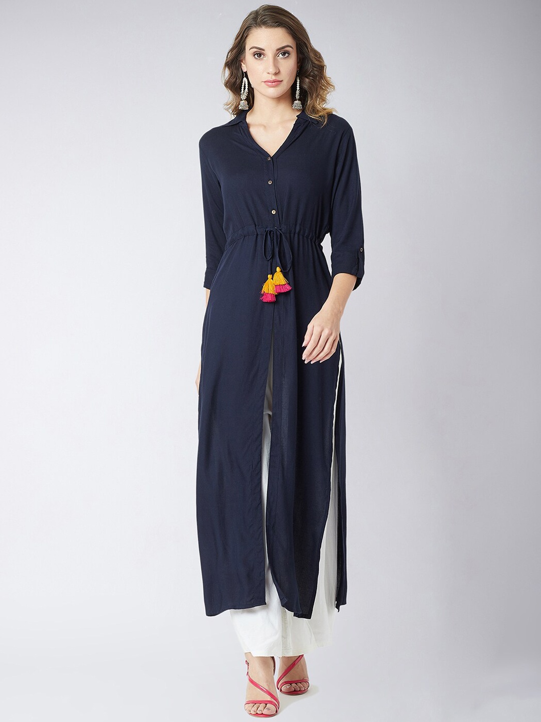 

Miss Chase Navy Blue Shirt Collar Pure Cotton Maxi Longline Top