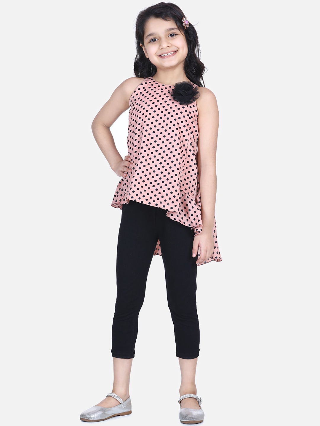 

LilPicks Girls Light Brown & Black Printed Asymmetrical Top with Leggings