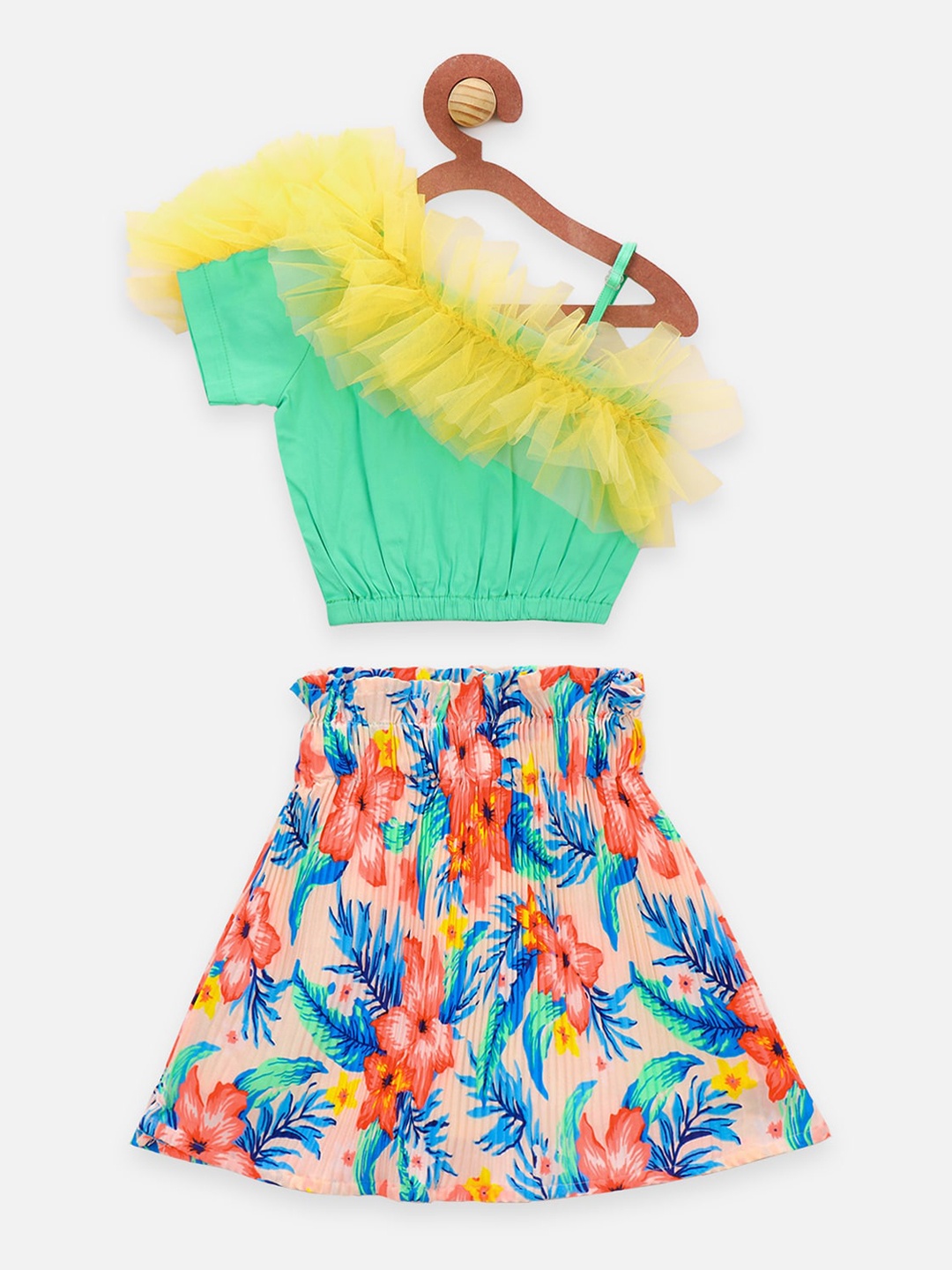 

LilPicks Girls Sea Green & Yellow Ruffled Crop Top with Skirt