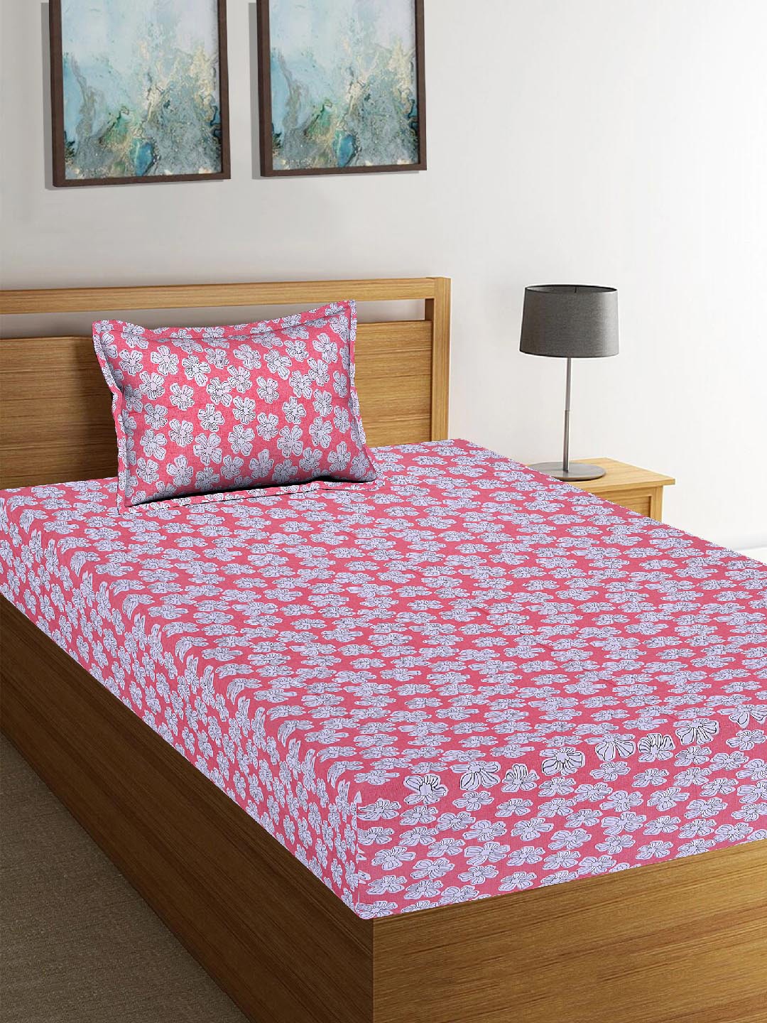 

Tistabene Pink & White Floral 180 TC Cotton 1 Single Bedsheet with 1 Pillow Covers