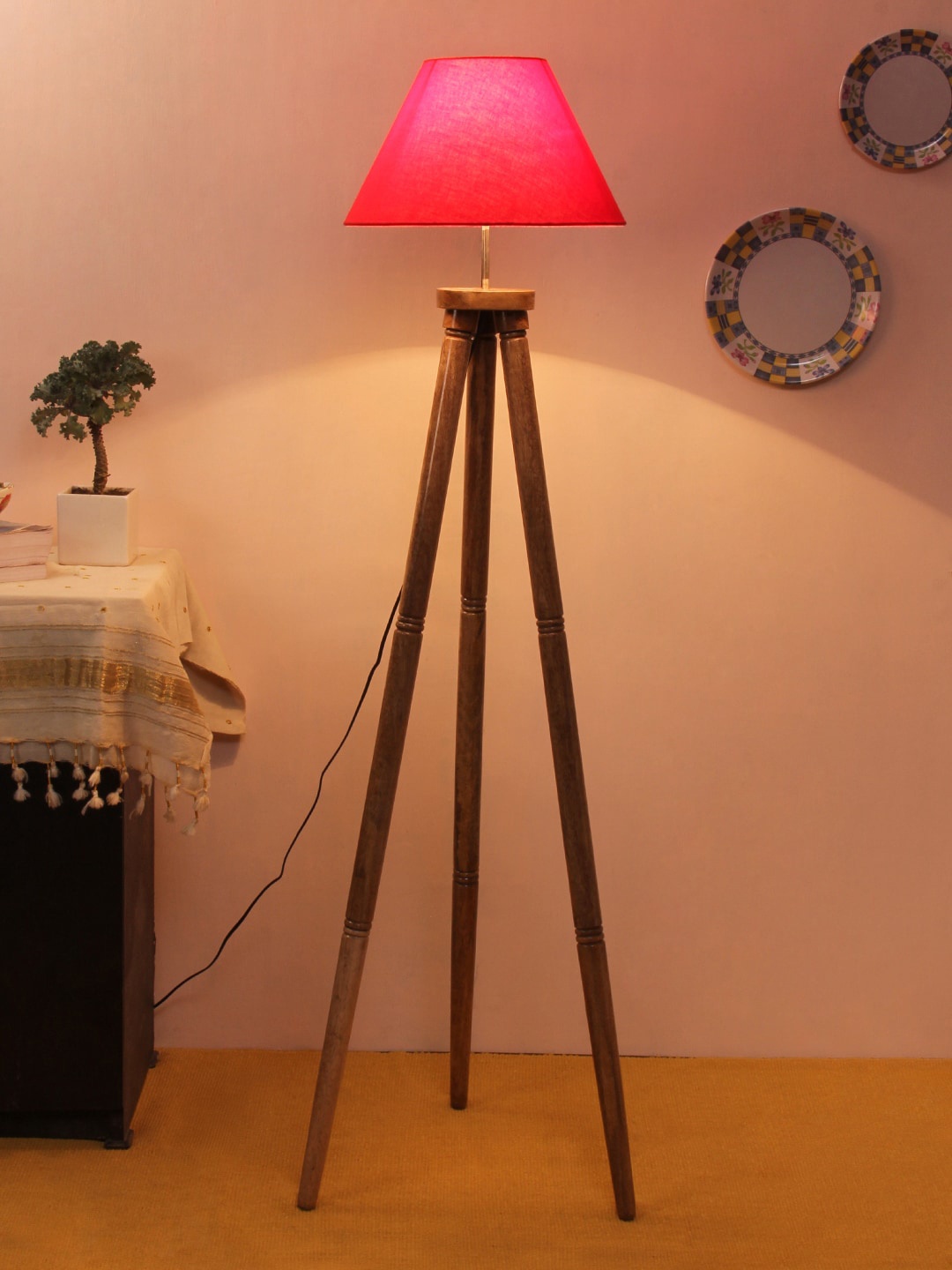 

Devansh Red & Brown Solid Wooden Tripod Lamp