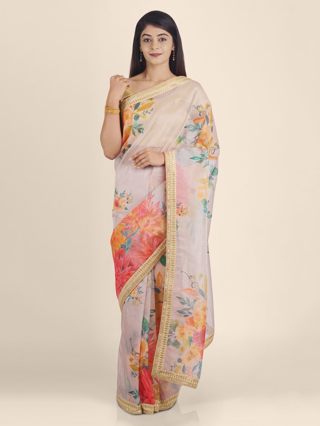 

KAJREE Cream-Coloured & Pink Organza Printed Block Print Handloom Saree