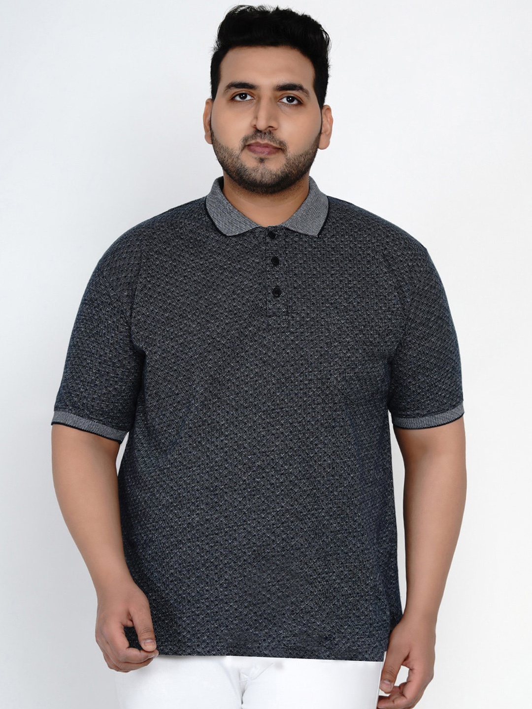 

John Pride Men Navy Blue Self Design Polo Collar T-shirt