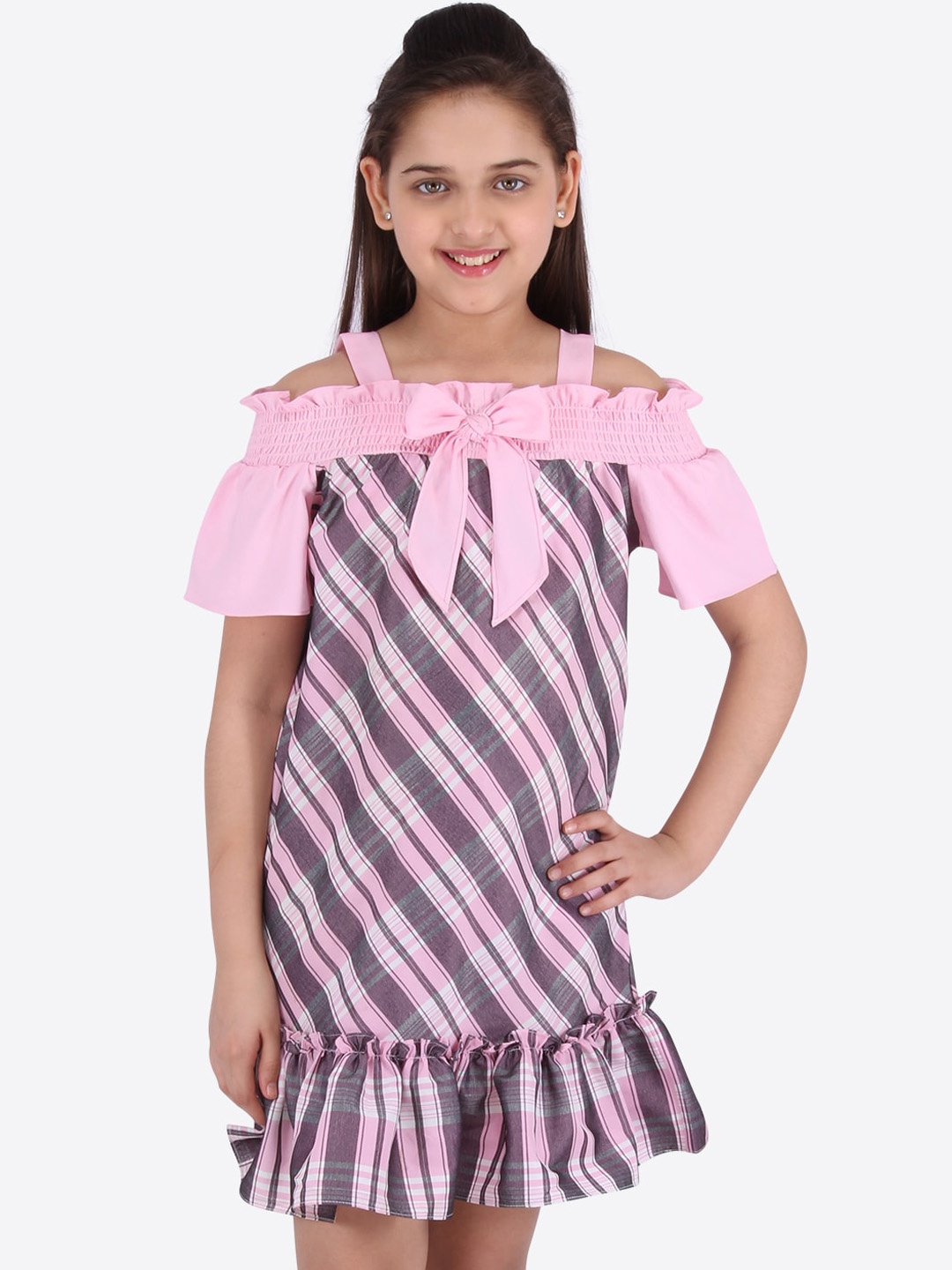 

CUTECUMBER Girls & Grey Pink Checked A-Line Dress