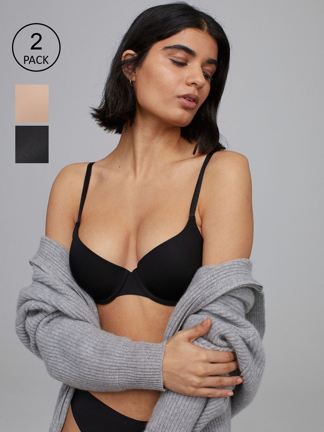 

H&M Women Beige & Black 2-Pack Padded Underwired Bras 0820572015