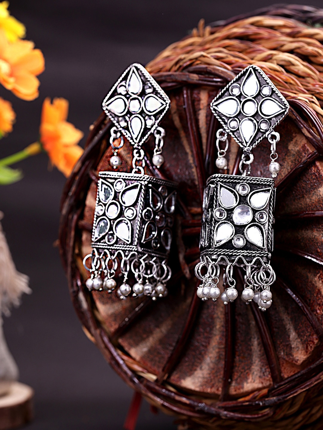 

Yellow Chimes Woman Silver Oxidised Square Designed Mirror Jhumkas Earring