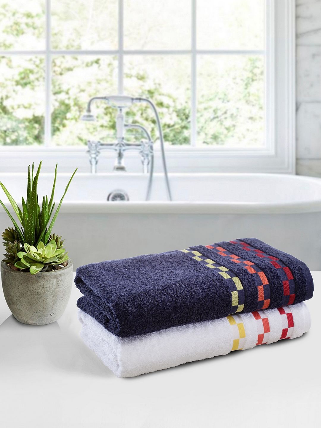 

BIANCA Cotton Pack of 2 Bath Towel With Stripe Detail - 450 GSM, Navy blue