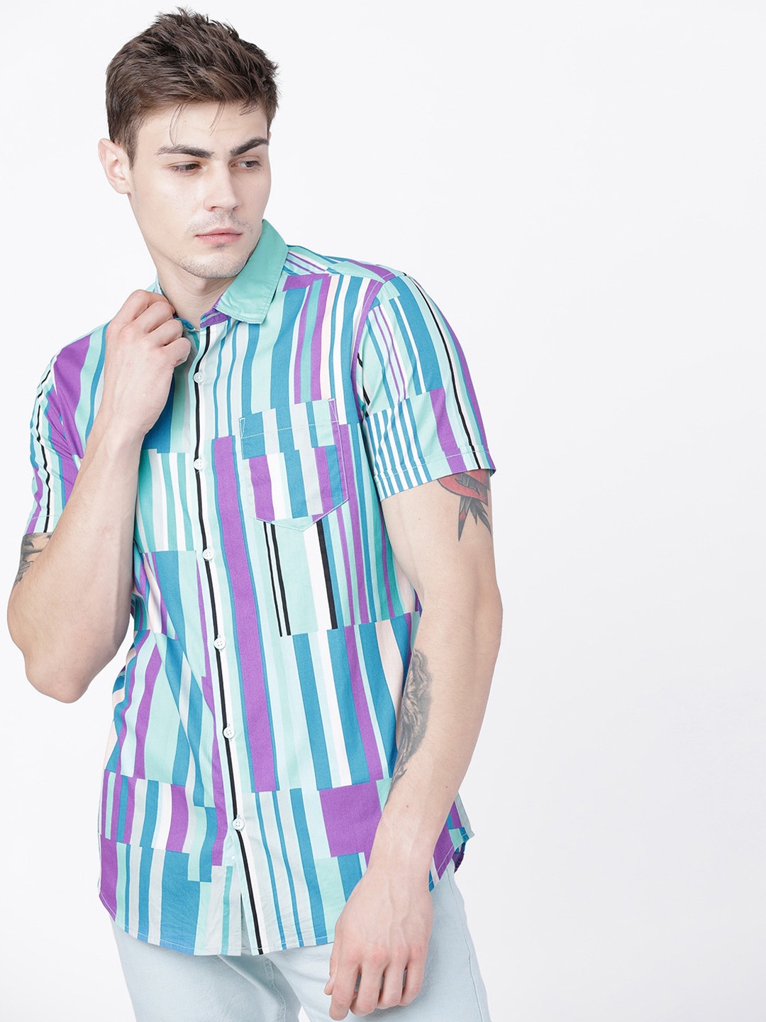 

LOCOMOTIVE Men Blue & Purple Slim Fit Striped Casual Shirt