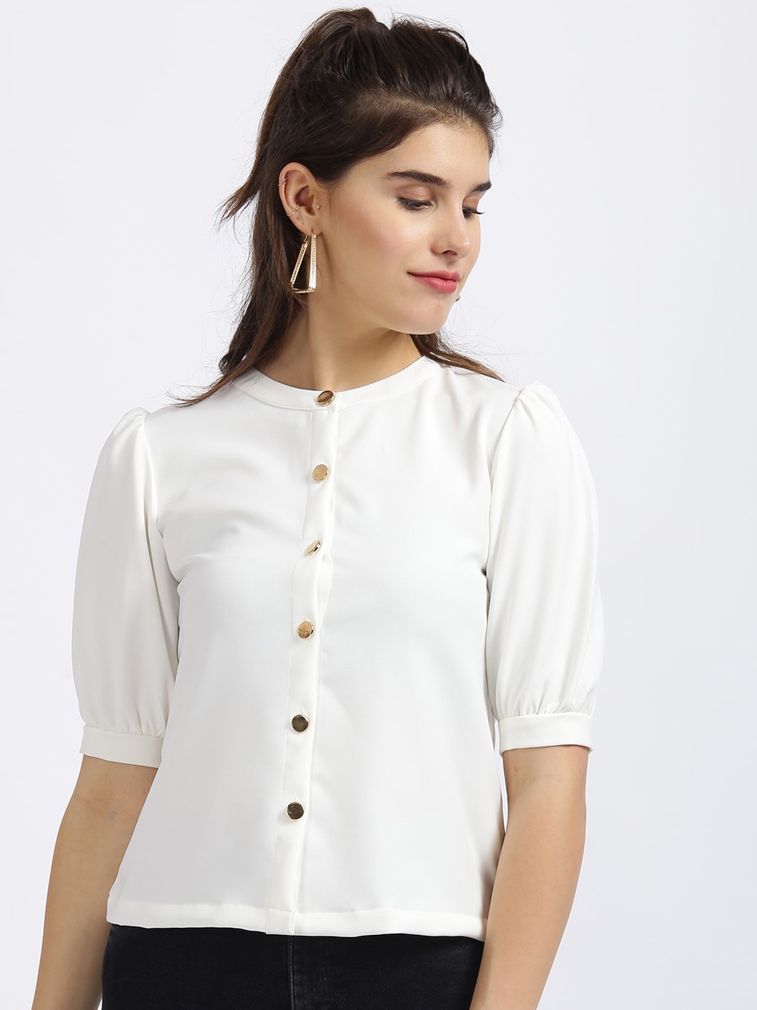 

Zink London White Mandarin Collar Puff Sleeves Shirt Style Top