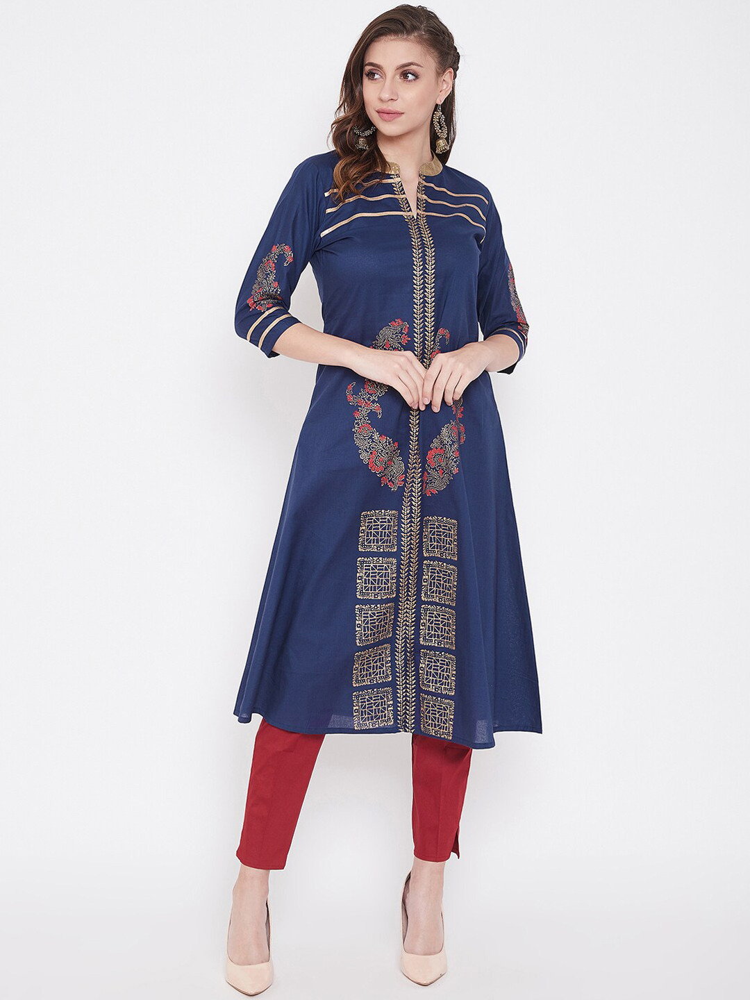 

Winered Women Navy Blue & Beige Ethnic Motifs Block Printed Cotton Kurta