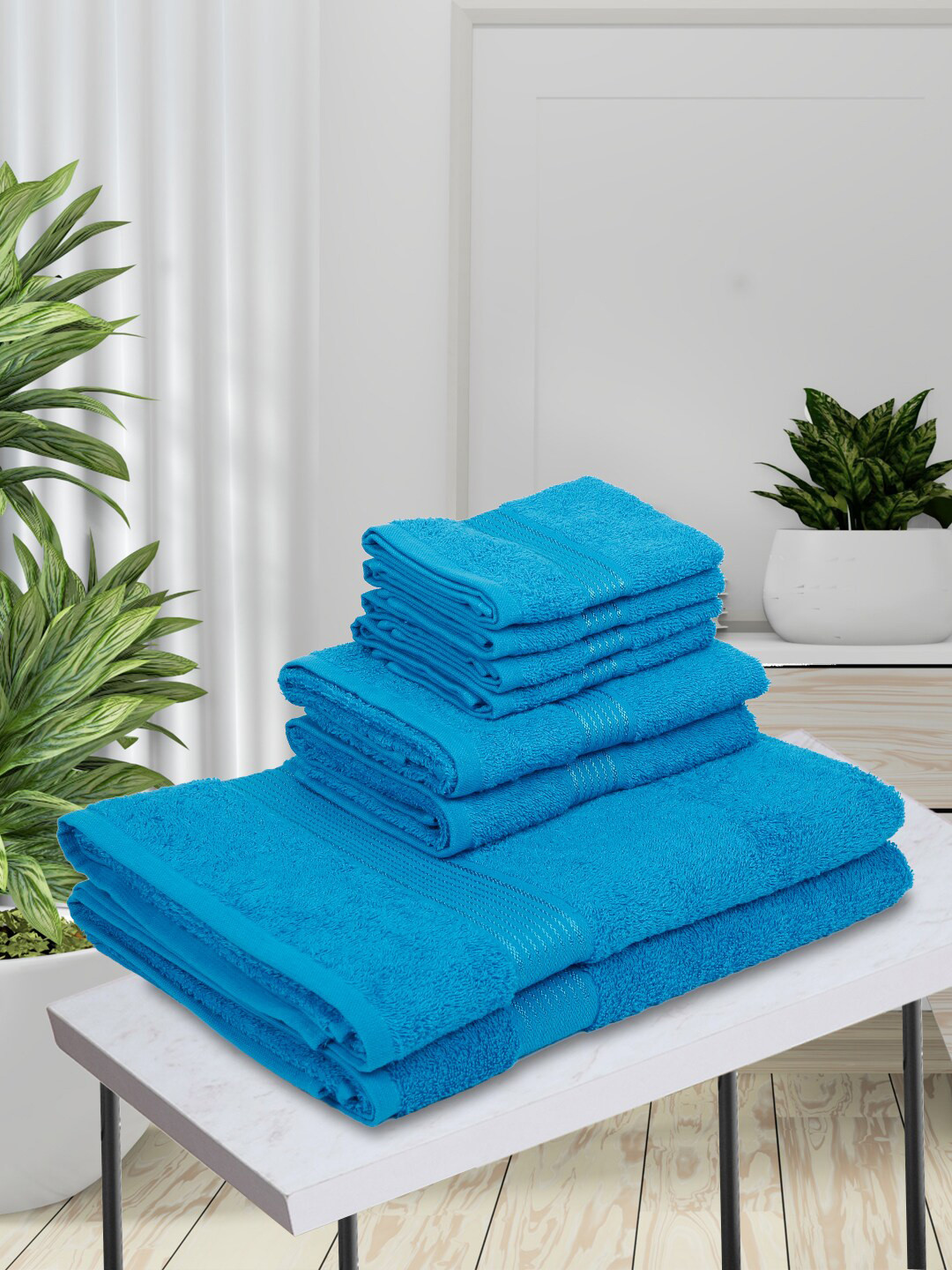 

KOPA Set Of 8 Blue Solid Cotton 380 GSM Super-Soft Towel Set