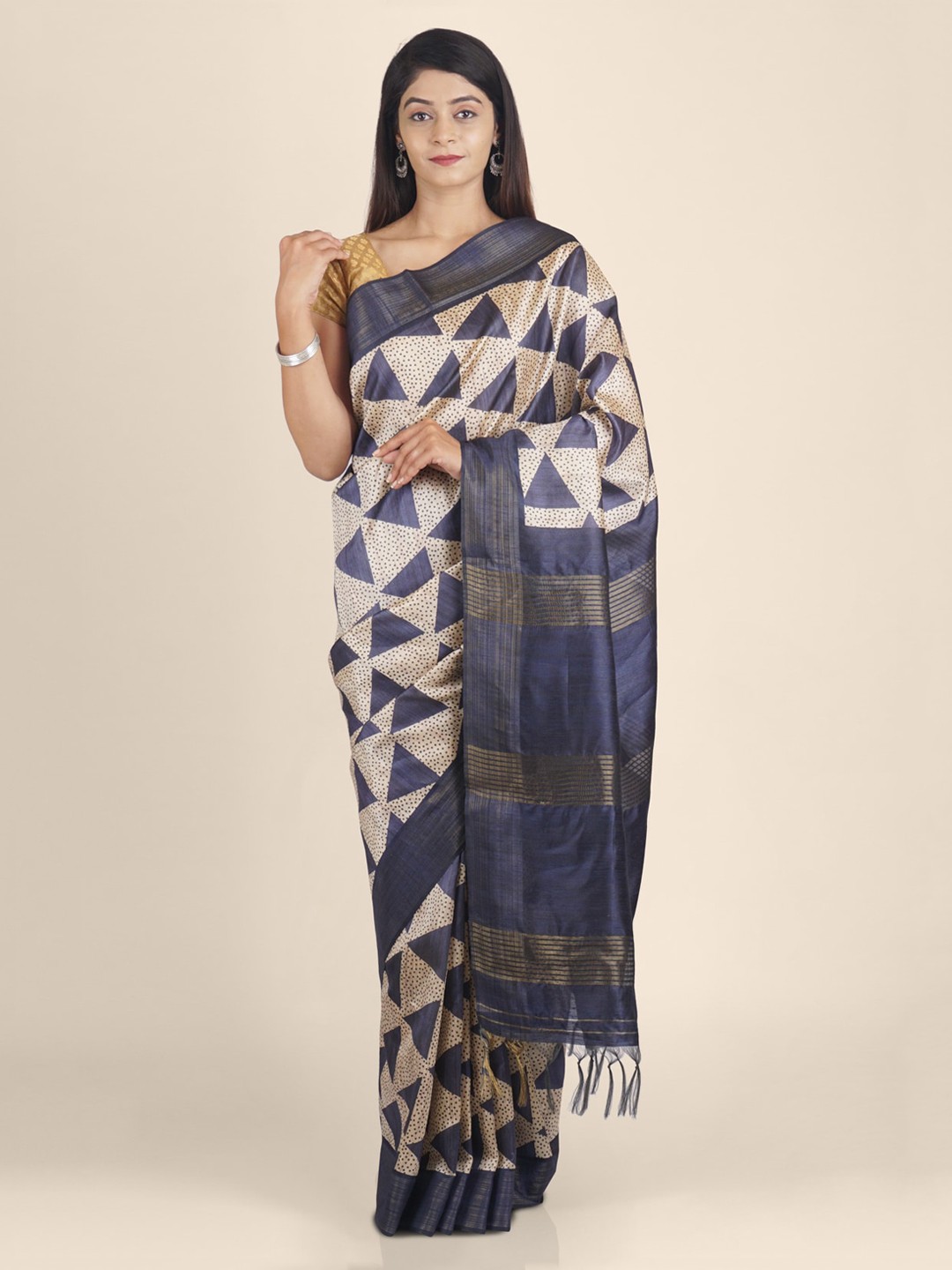 

KAJREE Navy Blue Printed Pure Linen Saree