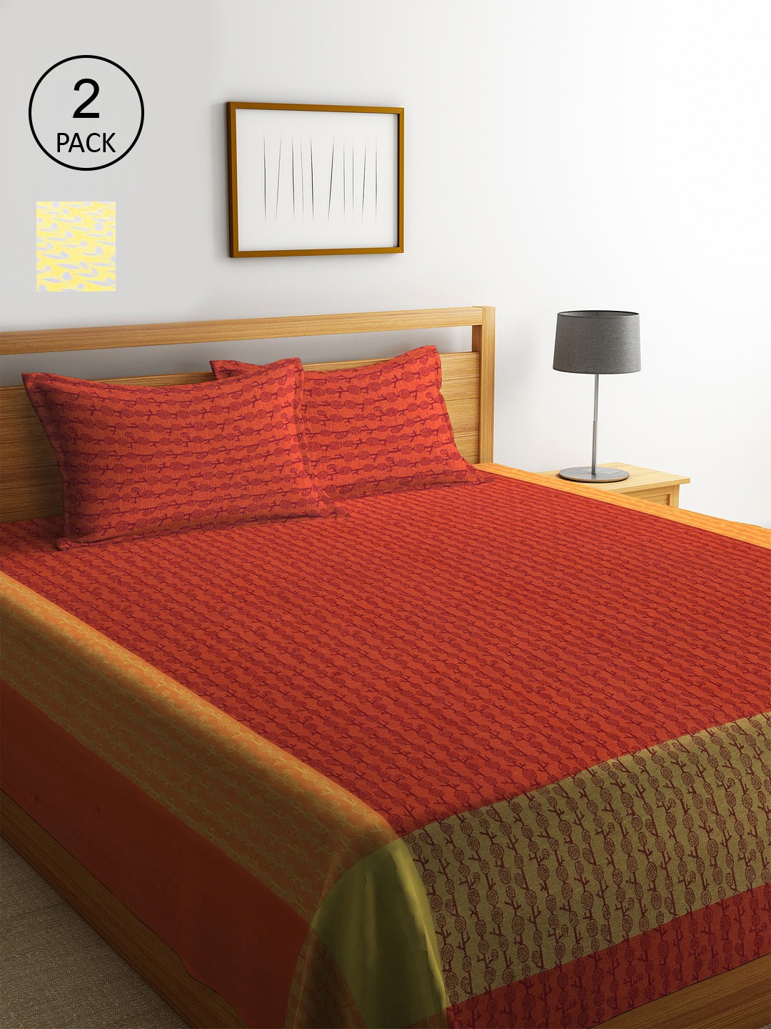 

KLOTTHE Red & Yellow Set Of 2 Woven-Design Double King Bed Covers With 4 Pillow Covers