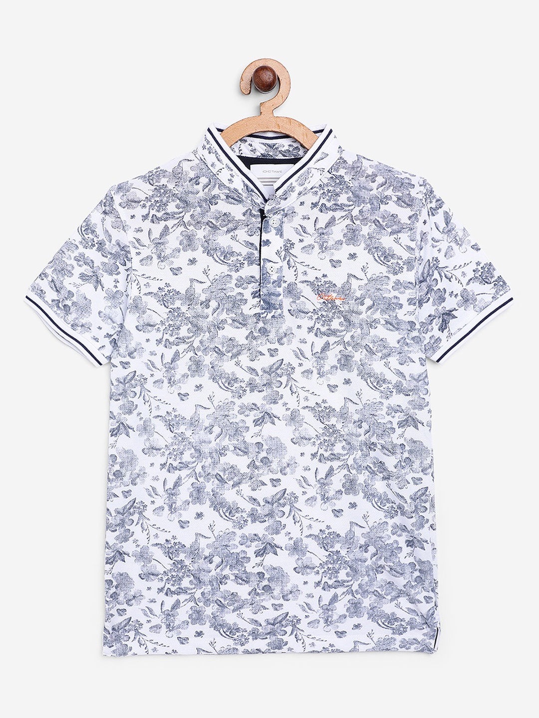 Octave Boys White & Navy Blue Printed Mandarin Collar T-shirt