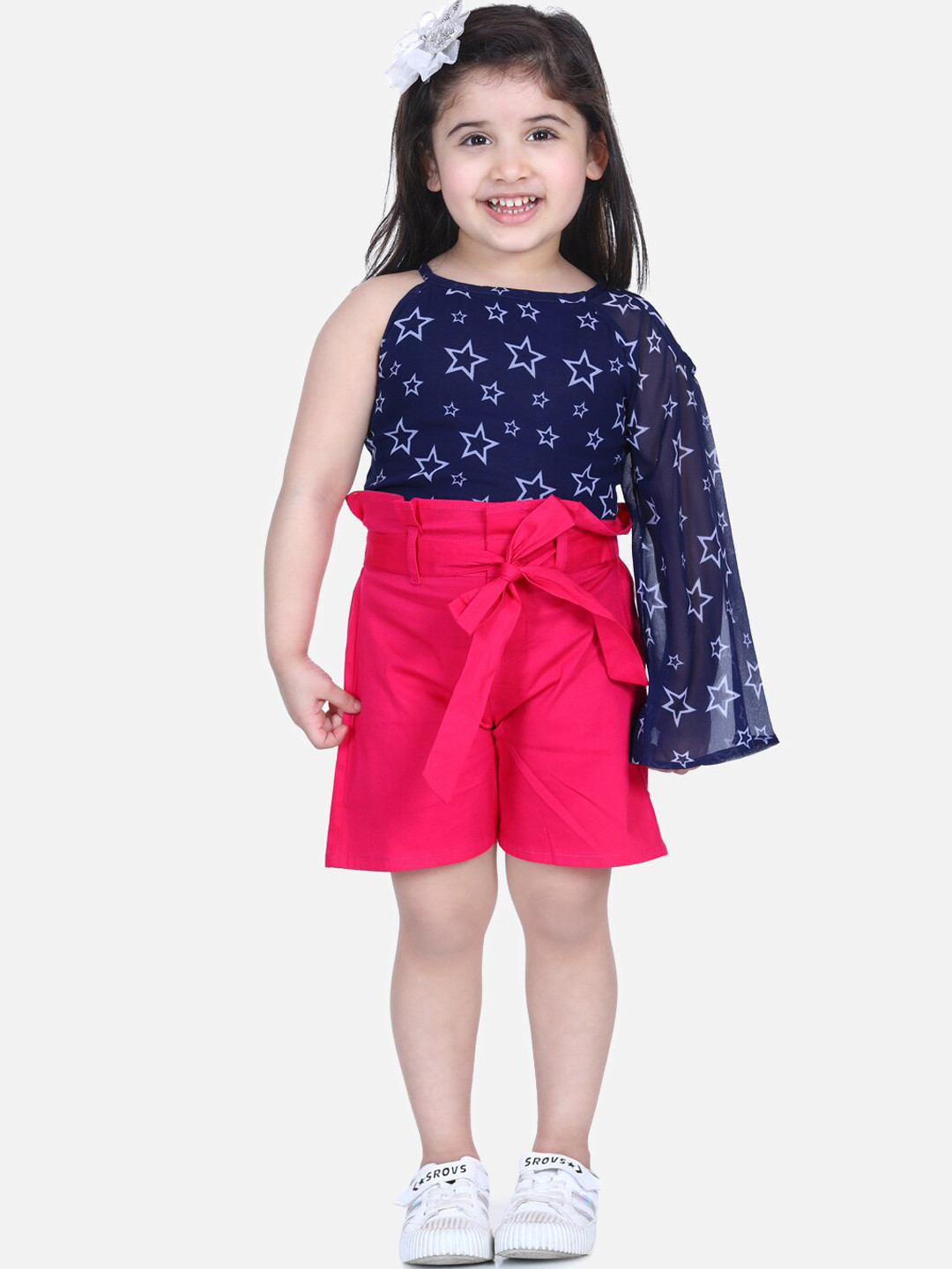 

LilPicks Girls Navy Blue & Pink Printed Top with Shorts