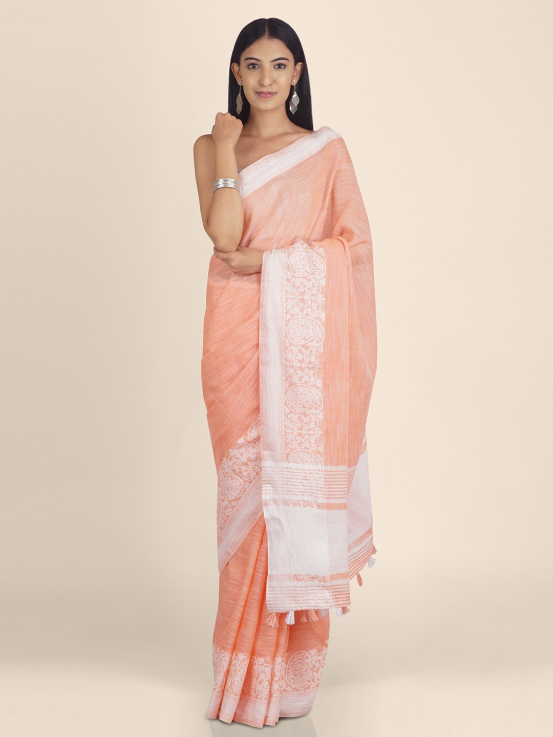 

KAJREE Peach-Coloured & White Pure Linen Woven Design Handloom Saree