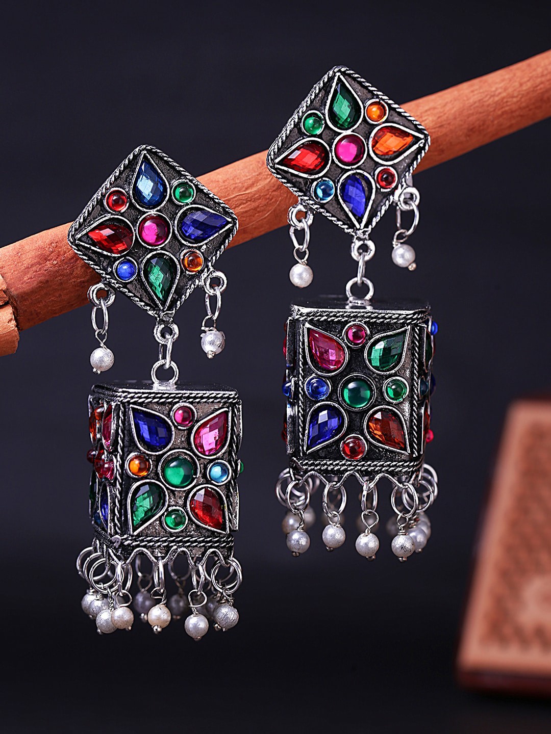 

Yellow Chimes Multicoloured Silver-Plated Oxidized Contemporary Jhumka Earring, Multi