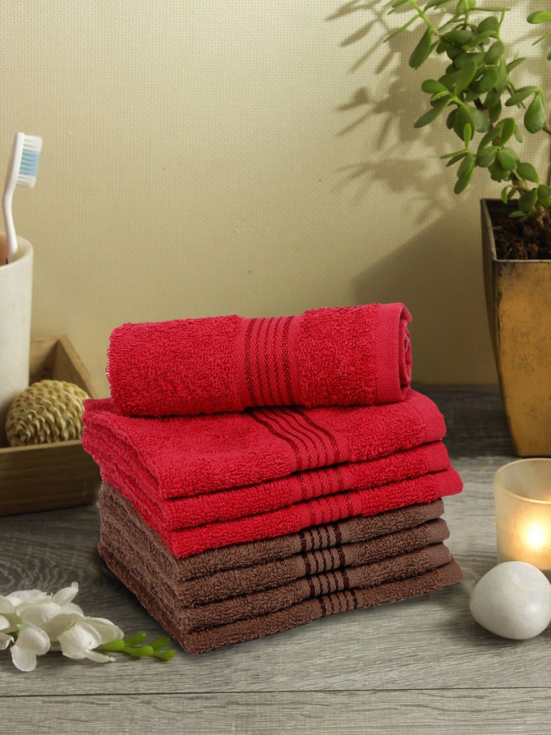 

KOPA Set Of 8 Red & Brown Solid Super Absorbent 380 GSM Cotton Face Towels
