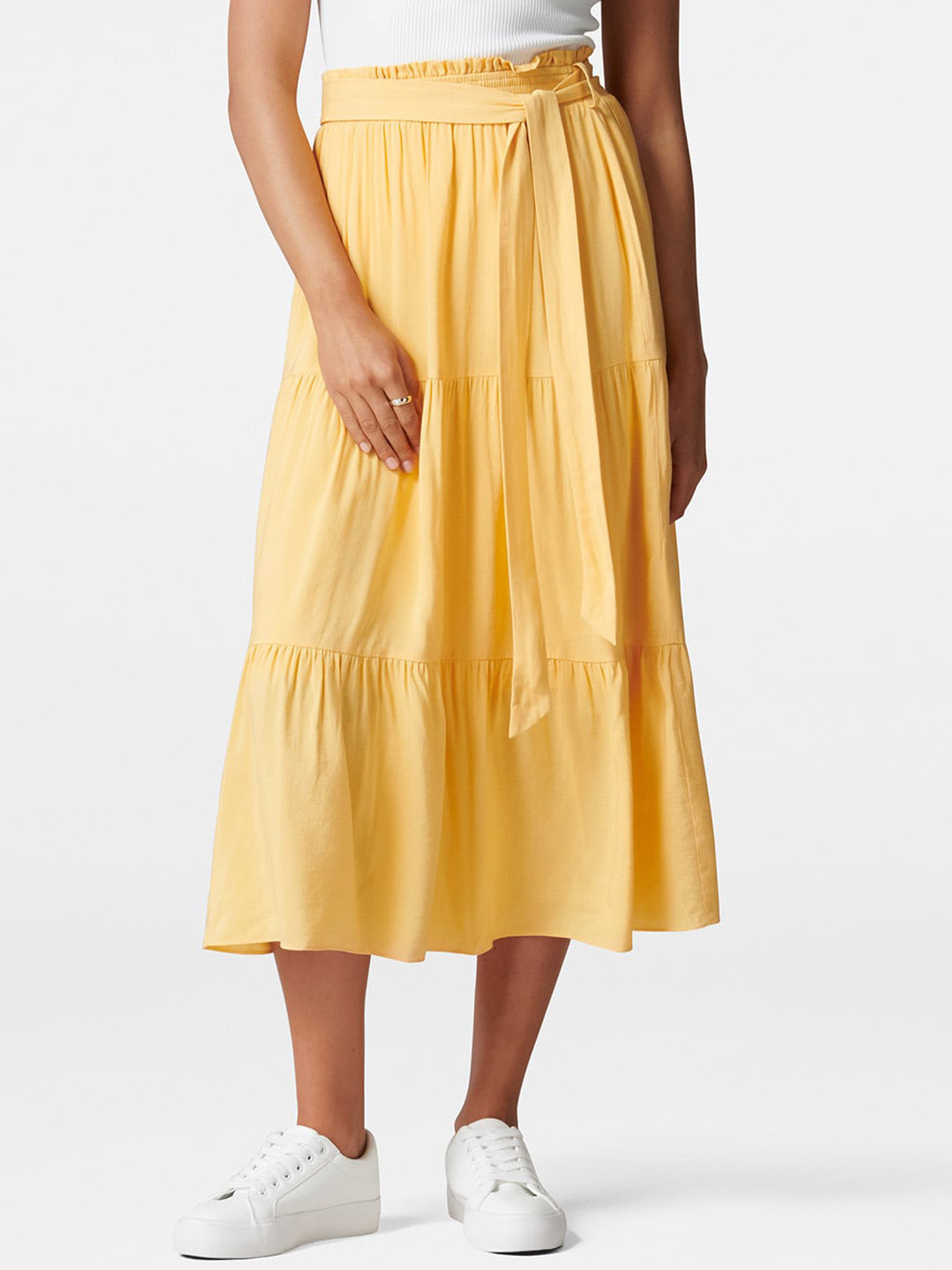 

Forever New Yellow Tiered Midi Skirt