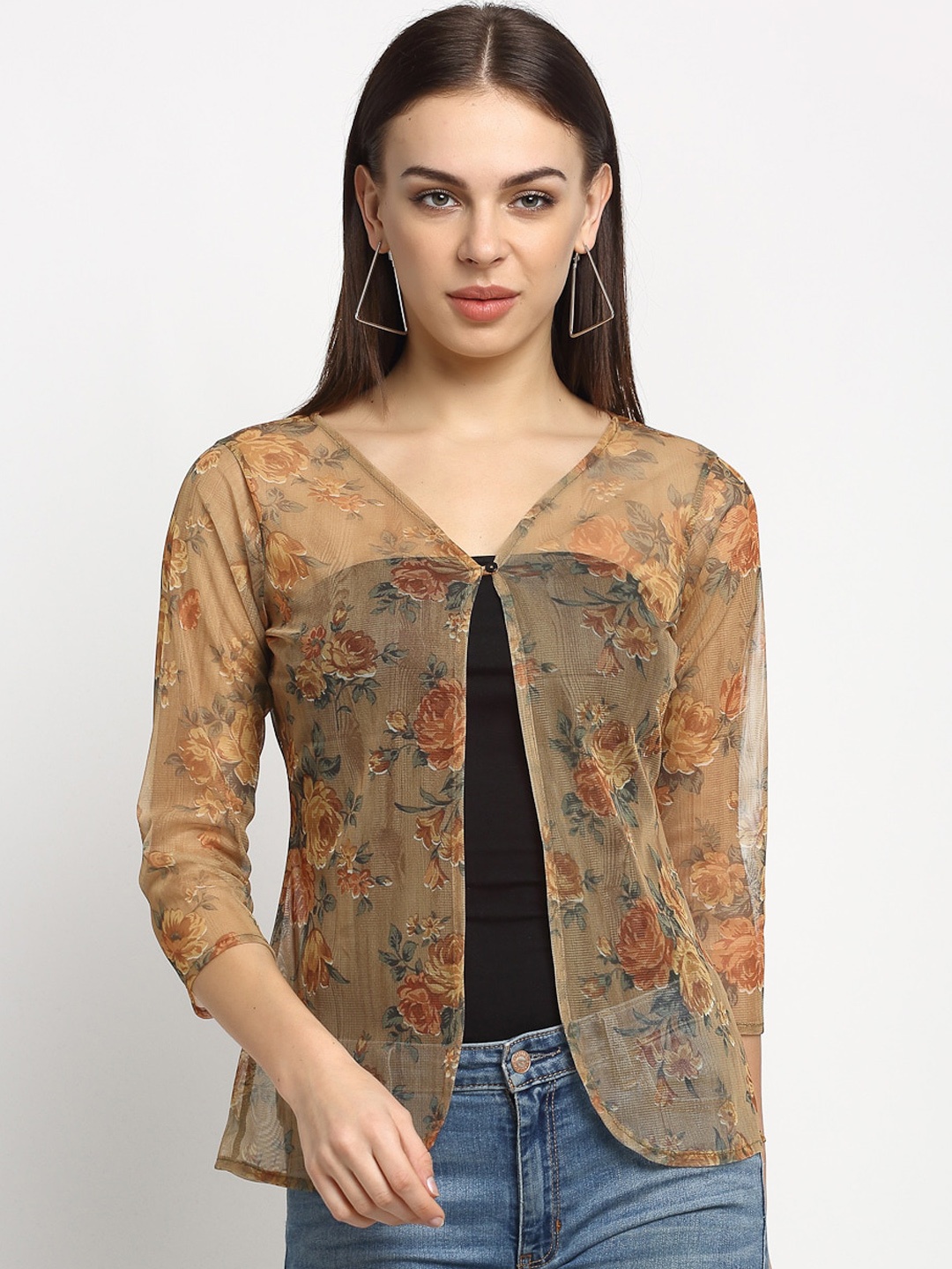 

Rute Women Brown & Grey Printed Button Shrug