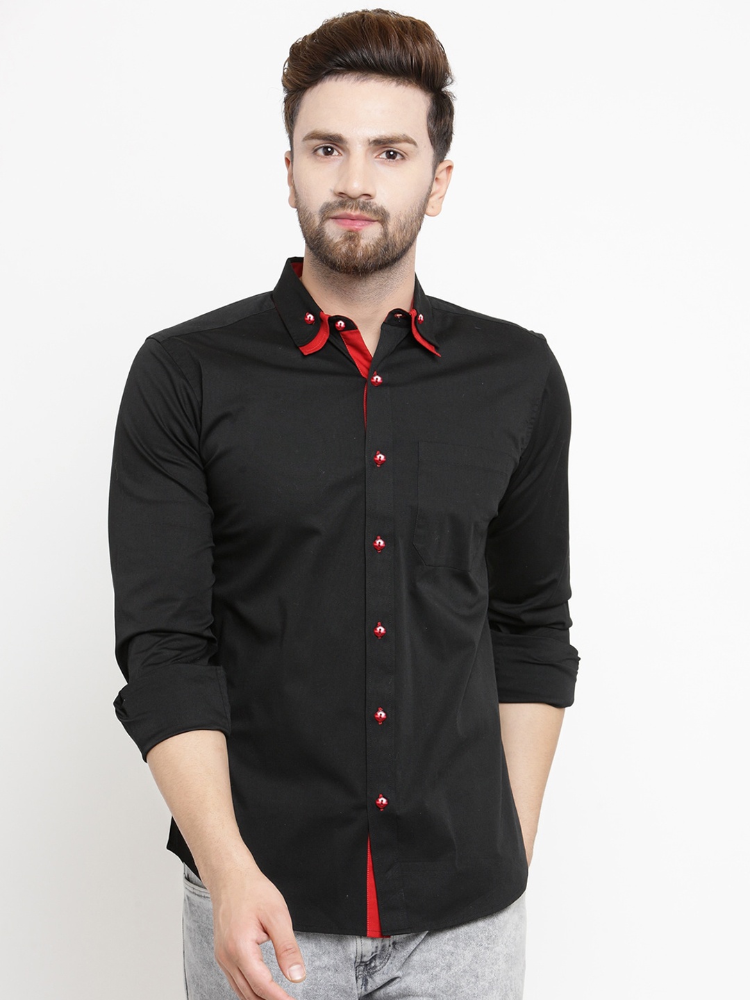 Purple State Men Black Solid Cotton Slim Fit Casual Shirt