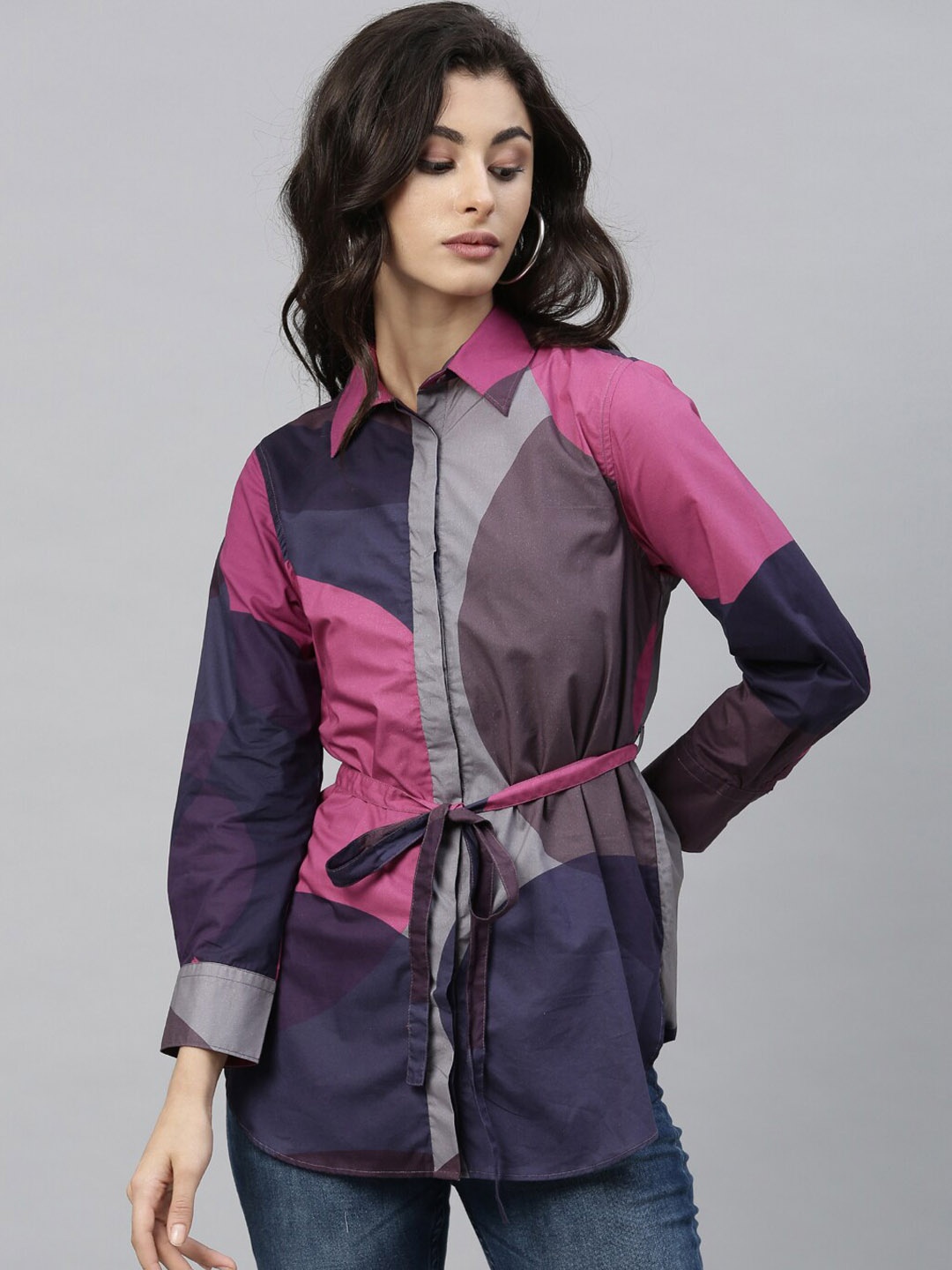 

Rareism Pink & Navy Blue Colourblocked Pure Cotton Shirt Style Top