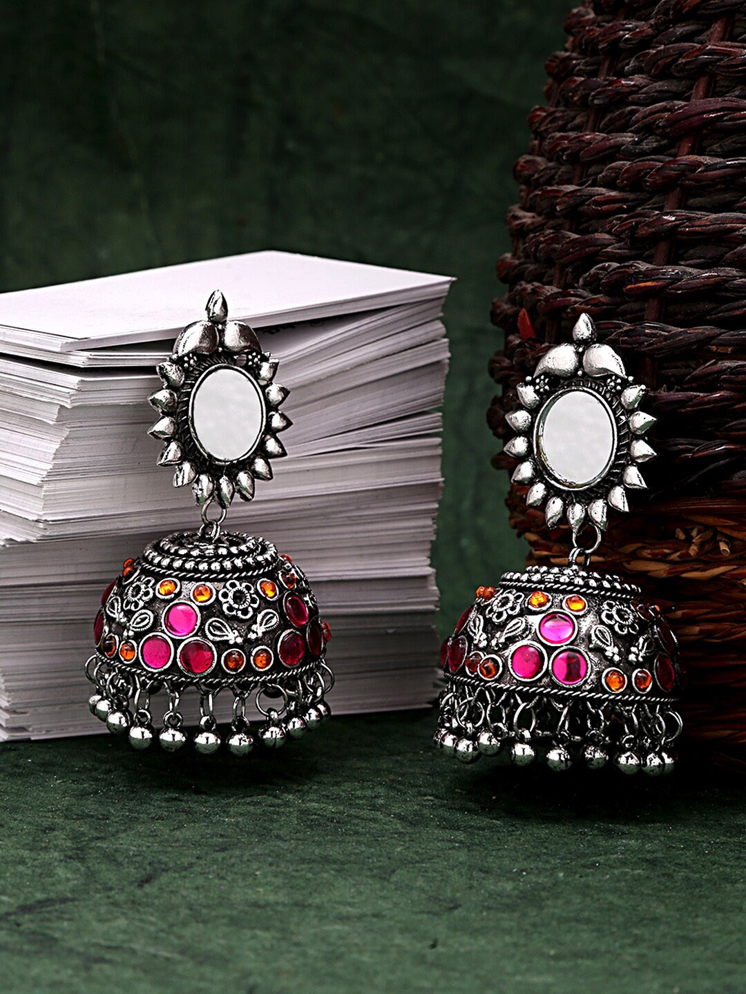 

Yellow Chimes Pink Light Weight Silver Oxidised Floral Design Dome Shaped Jhumka Earrings