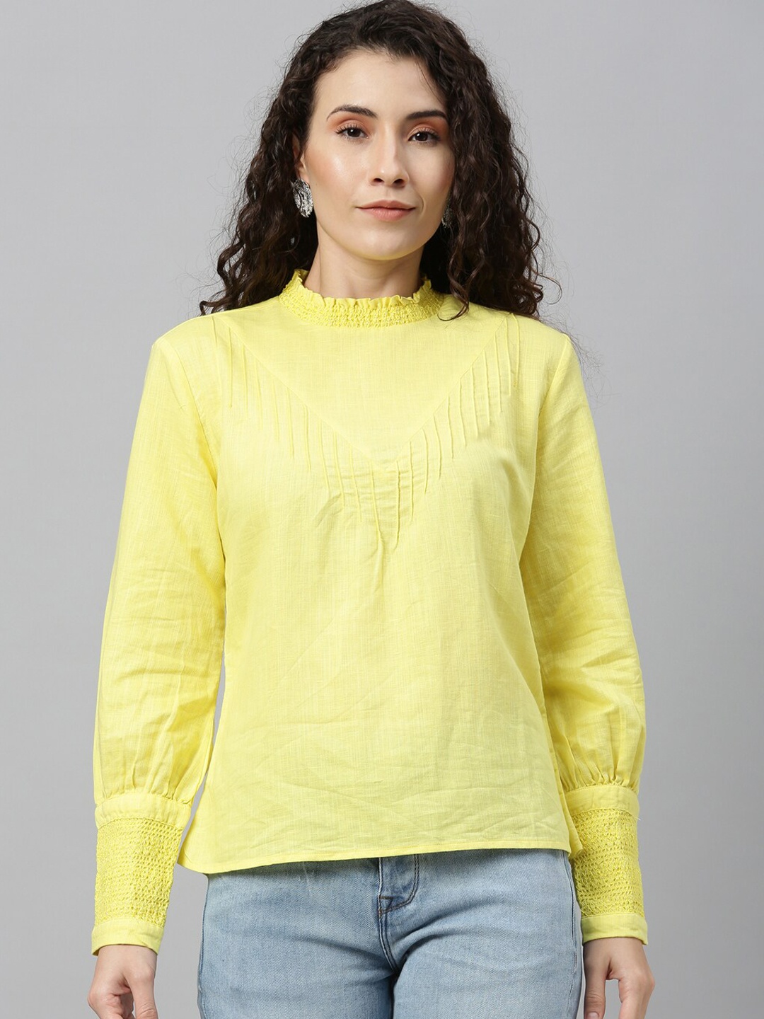 

RAREISM Women Yellow Solid Linen Regular Top