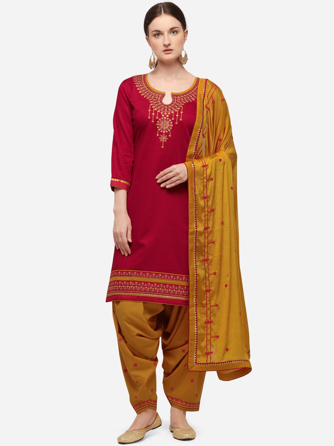 

SheWill Maroon & Mustard Cotton Blend Unstitched Dress Material