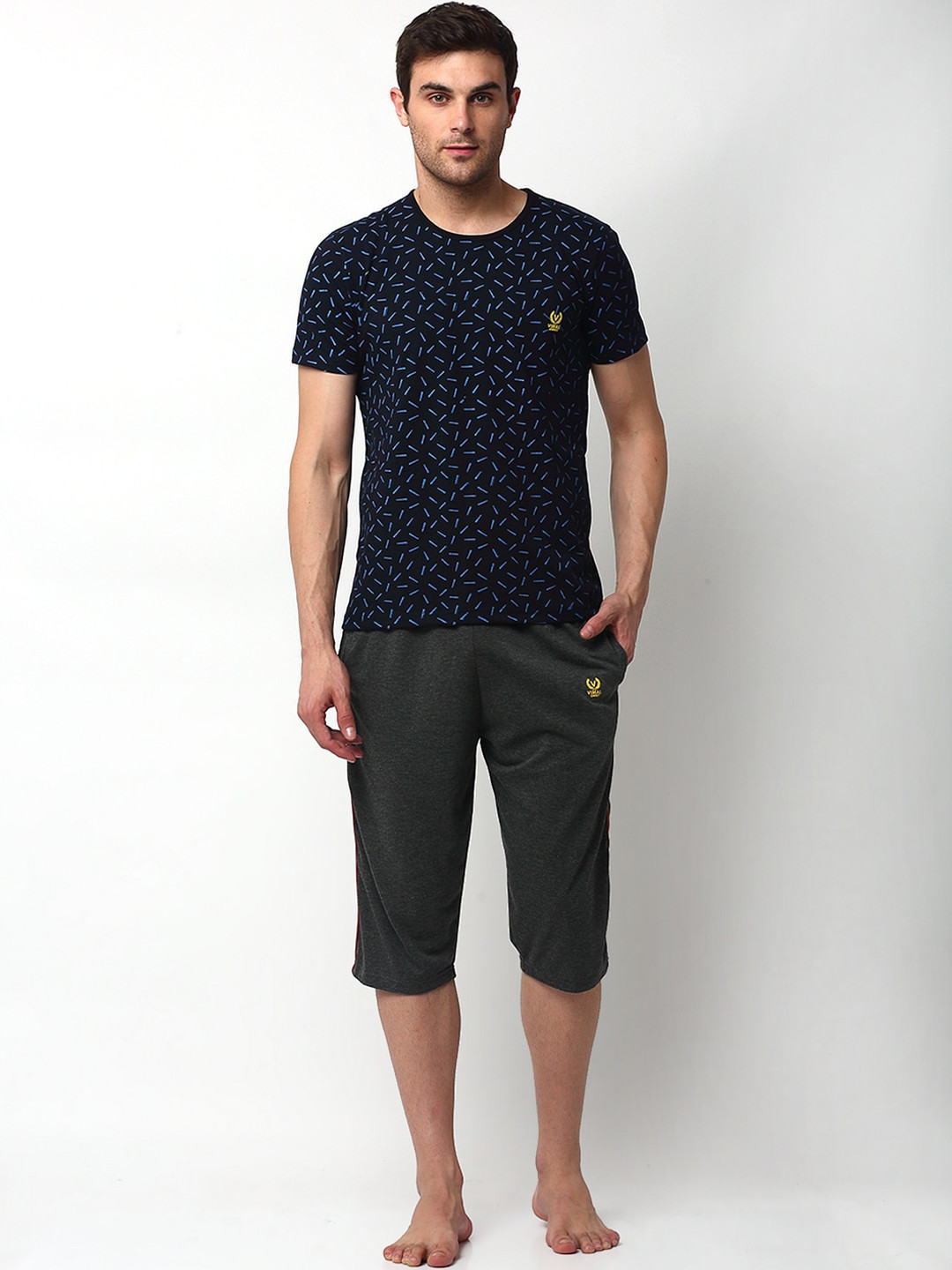 

VIMAL JONNEY Men Navy Blue & Grey Printed Night Suit