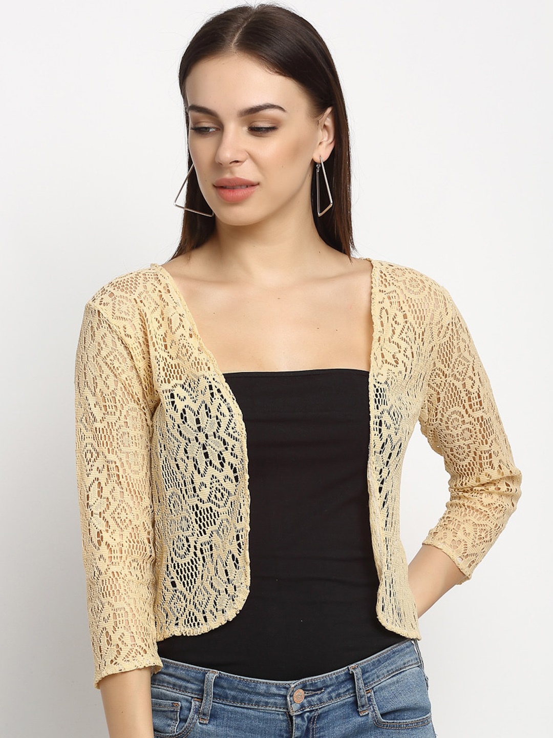 

Rute Women Beige Self Design Open Front Shrug