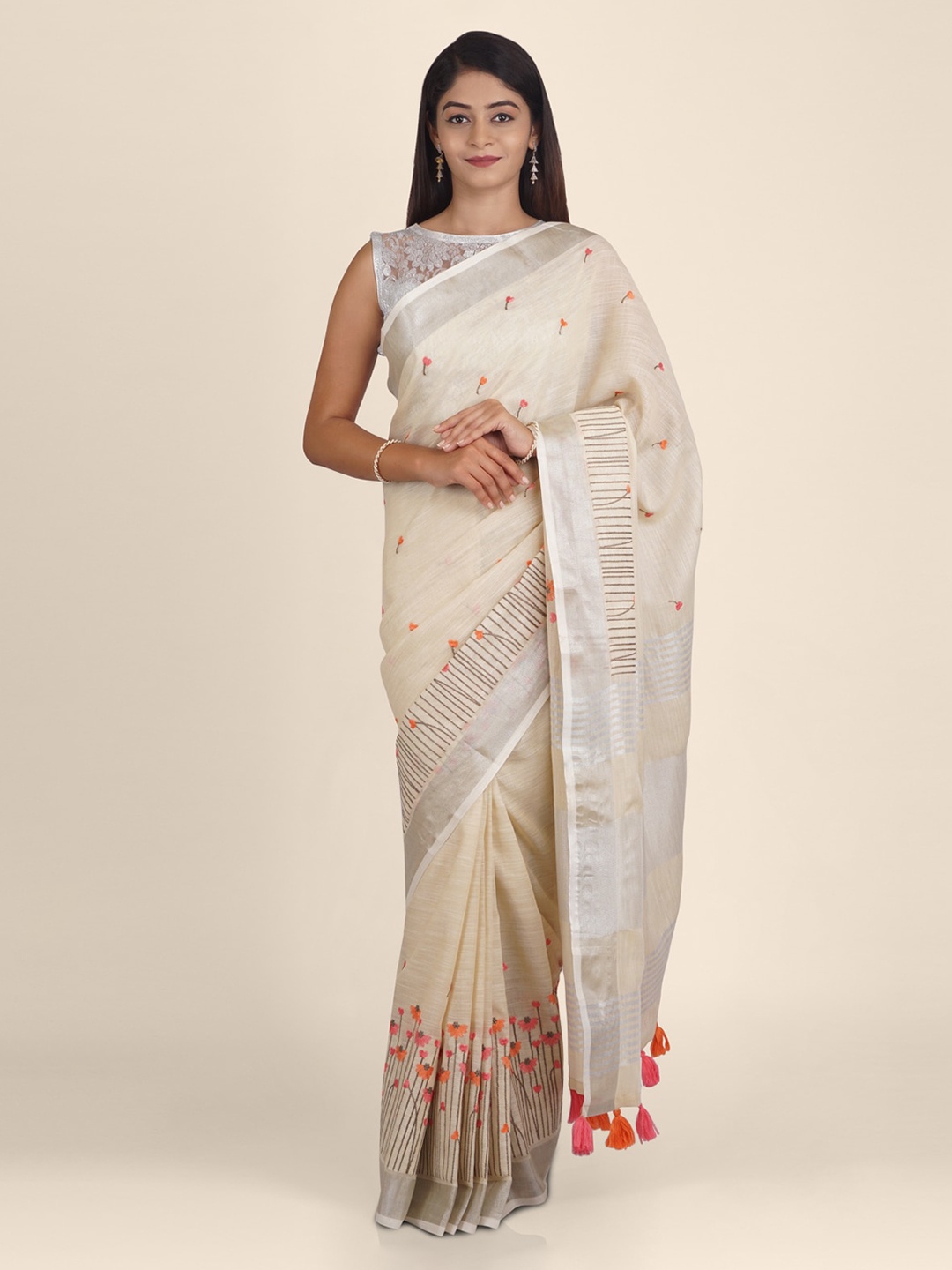 

KAJREE Cream-Coloured Pure Linen Embroidered Handloom Bhagalpuri Saree