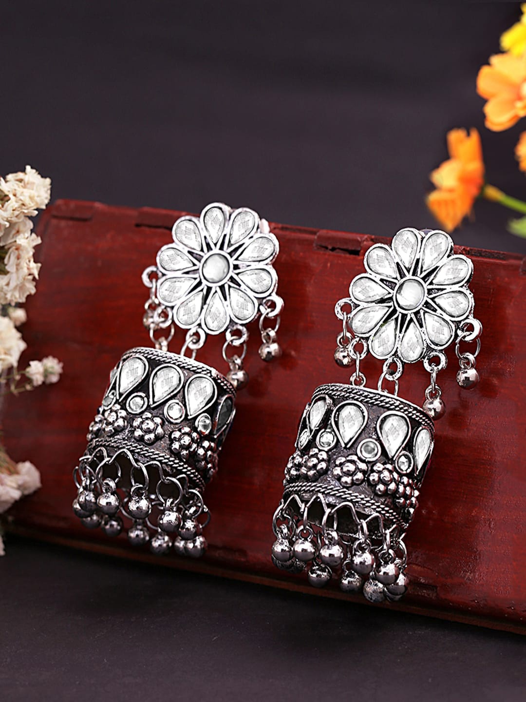 

Yellow Chimes Silver-Toned Oxidized Contemporary Jhumkas Earring
