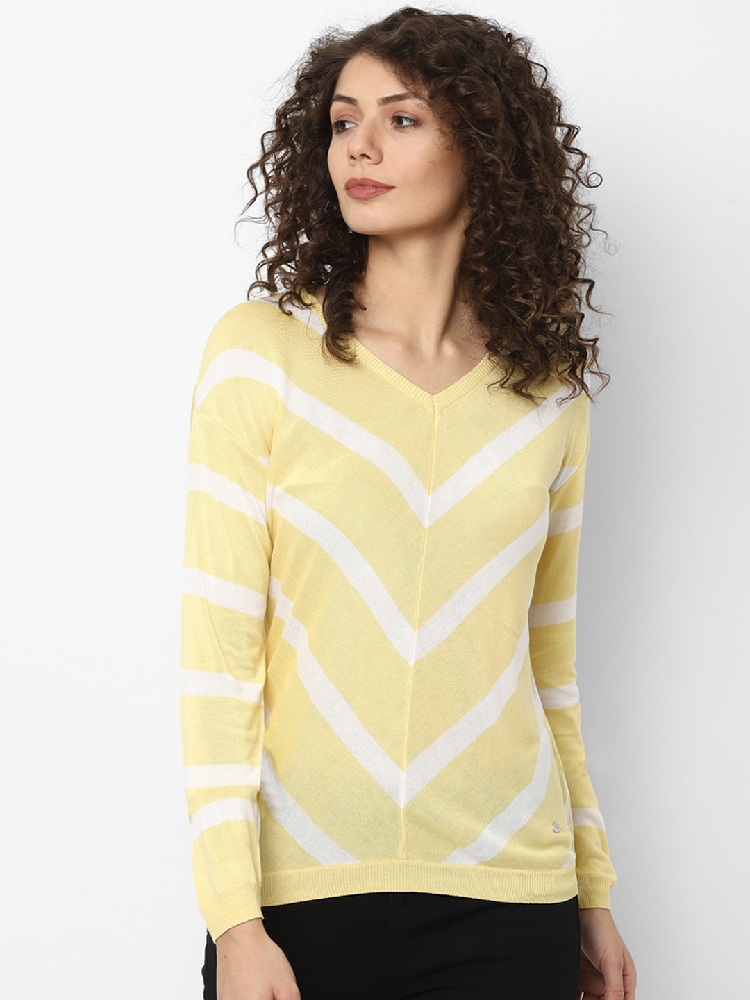 Allen Solly Woman Yellow & White Geometric Striped Regular Top