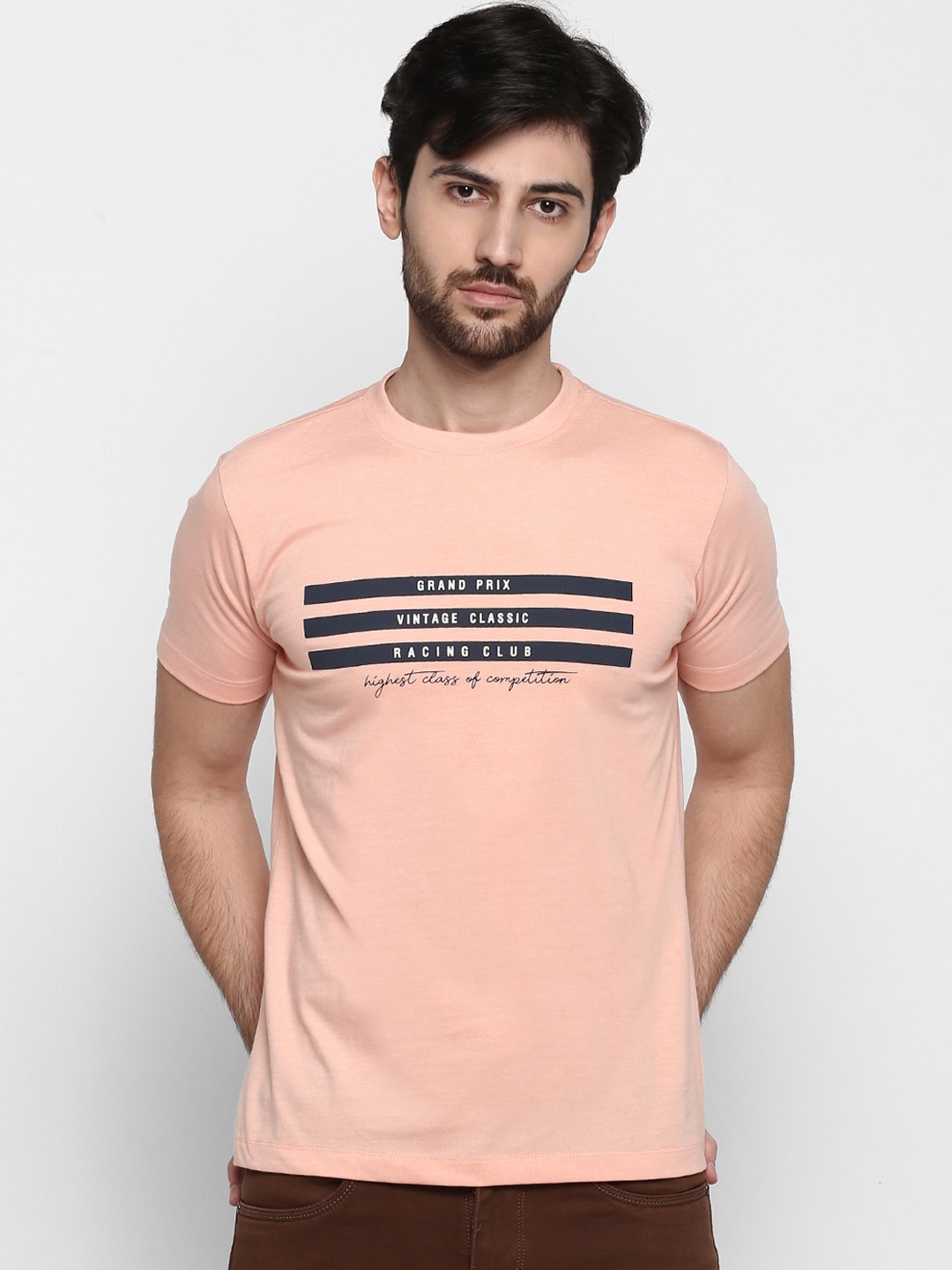 

Cantabil Men Peach-Coloured Printed Round Neck T-shirt