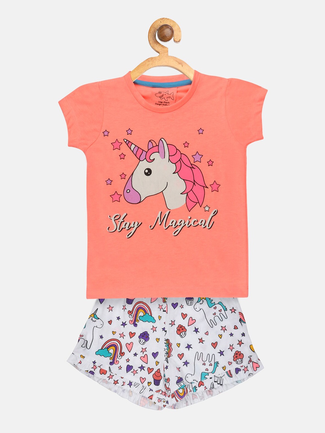 

Lazy Shark Girls Orange & Off-White Printed T-shirt with Shorts