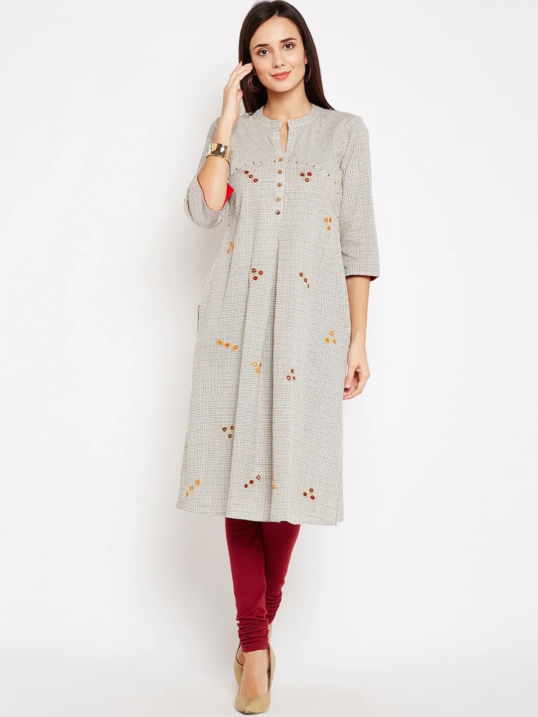

Be Indi Women Grey Checked Thread Work Handloom Kurta