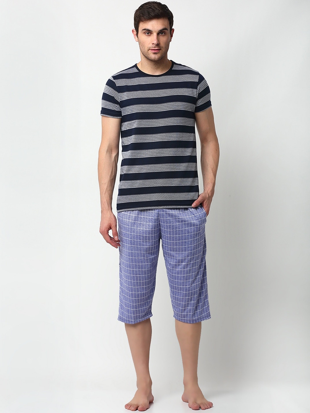 

VIMAL JONNEY Men Blue & Grey Striped Night suit