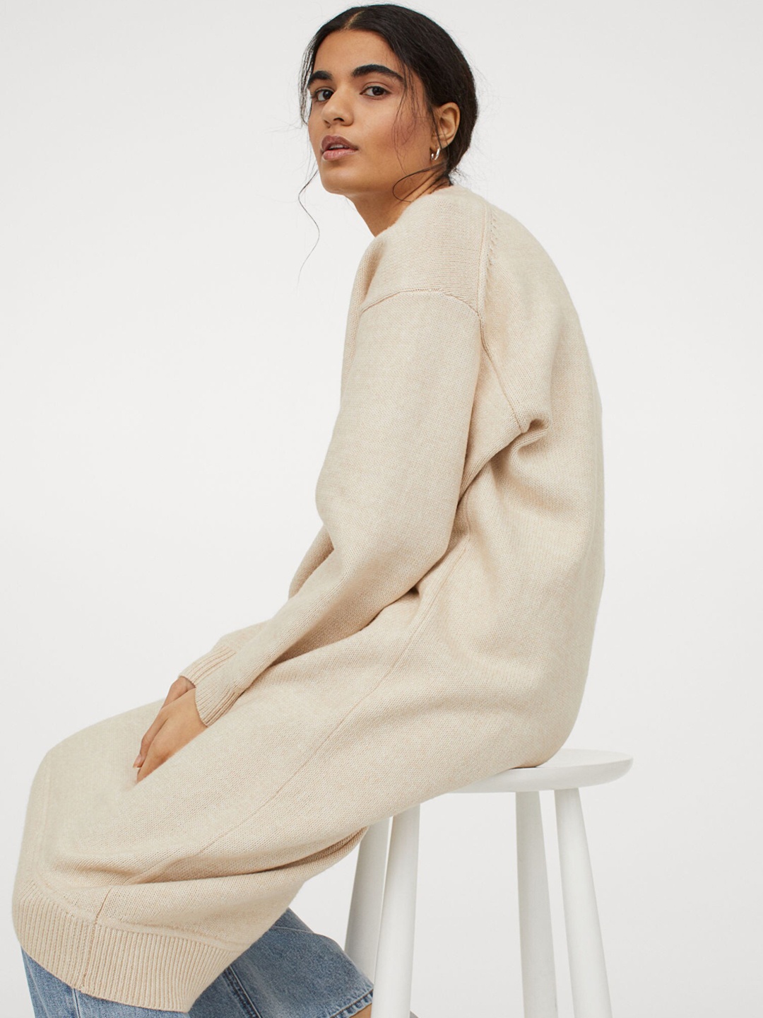 

H&M Women Beige Solid Knitted Sustainable Dress