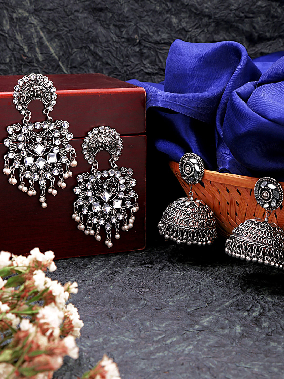 

Yellow Chimes Pack of 2 Oxidised Silver-Plated Mirror Work Chandbali & Jhumka Earrings