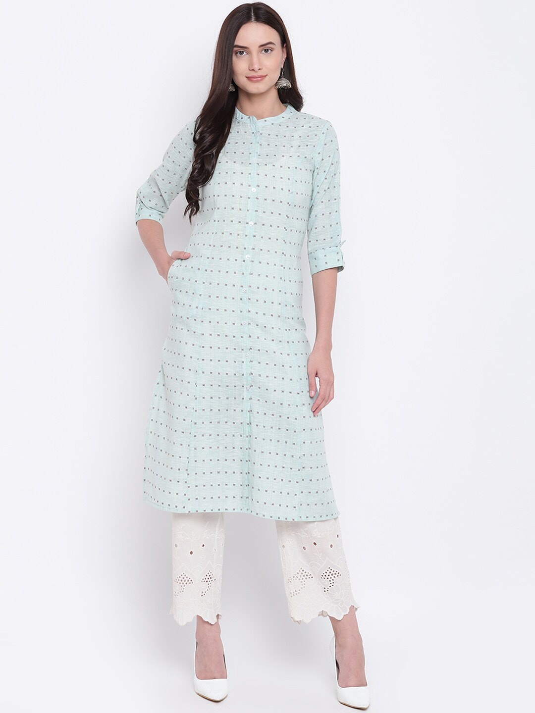 

Be Indi Women Turquoise Blue & Grey Geometric Kurta
