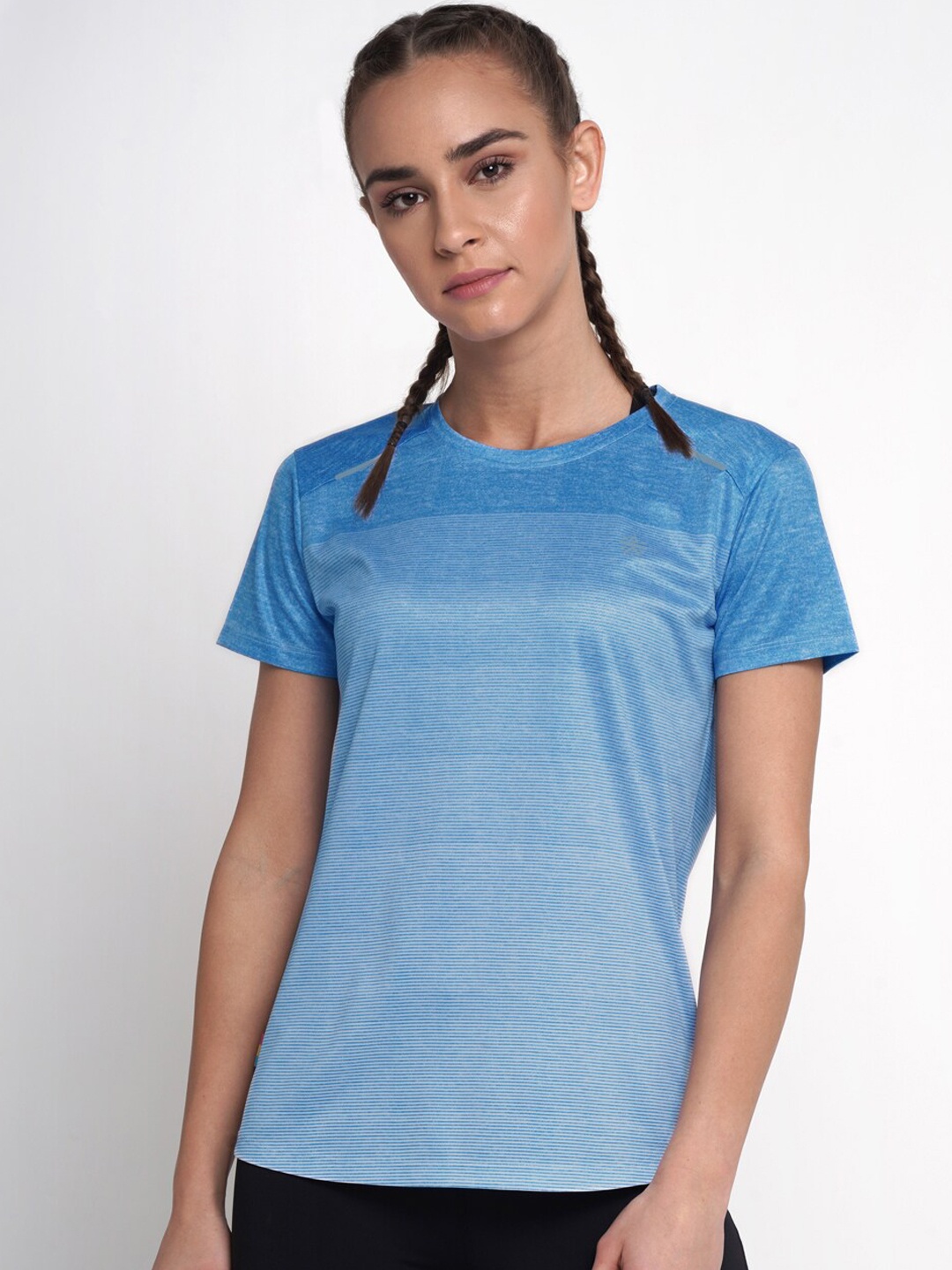 

Cultsport Women Blue Striped FlashRun Linear Antimicrobial FlydryPRO Running T-shirt