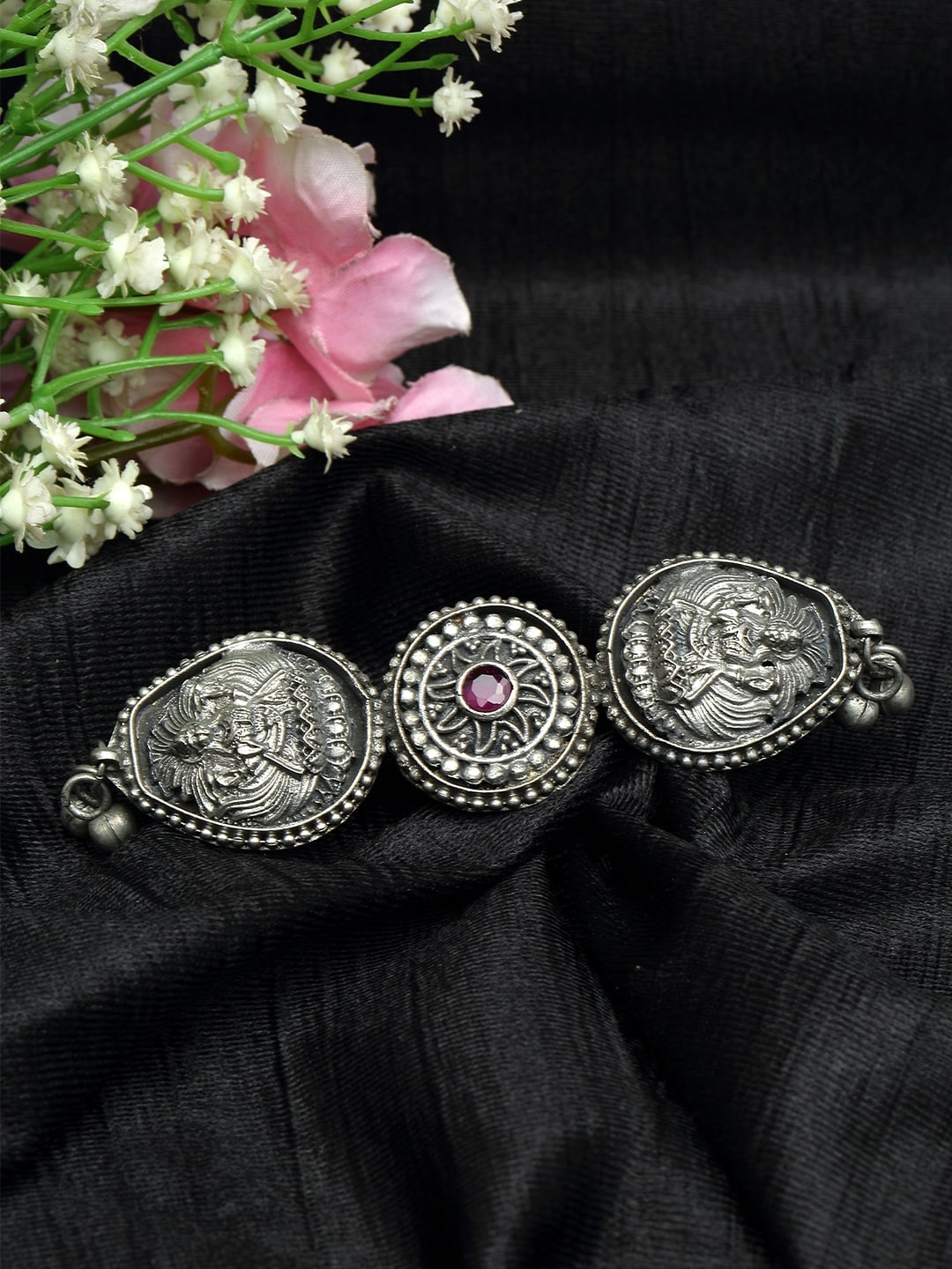 

Moedbuille Pink Stone Studded Laxmi Design Oxidised Silver Plated Handcrafted Finger Ring