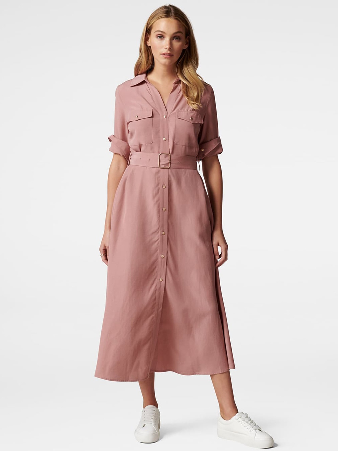 

Forever New Women Pink Solid Shirt Dress
