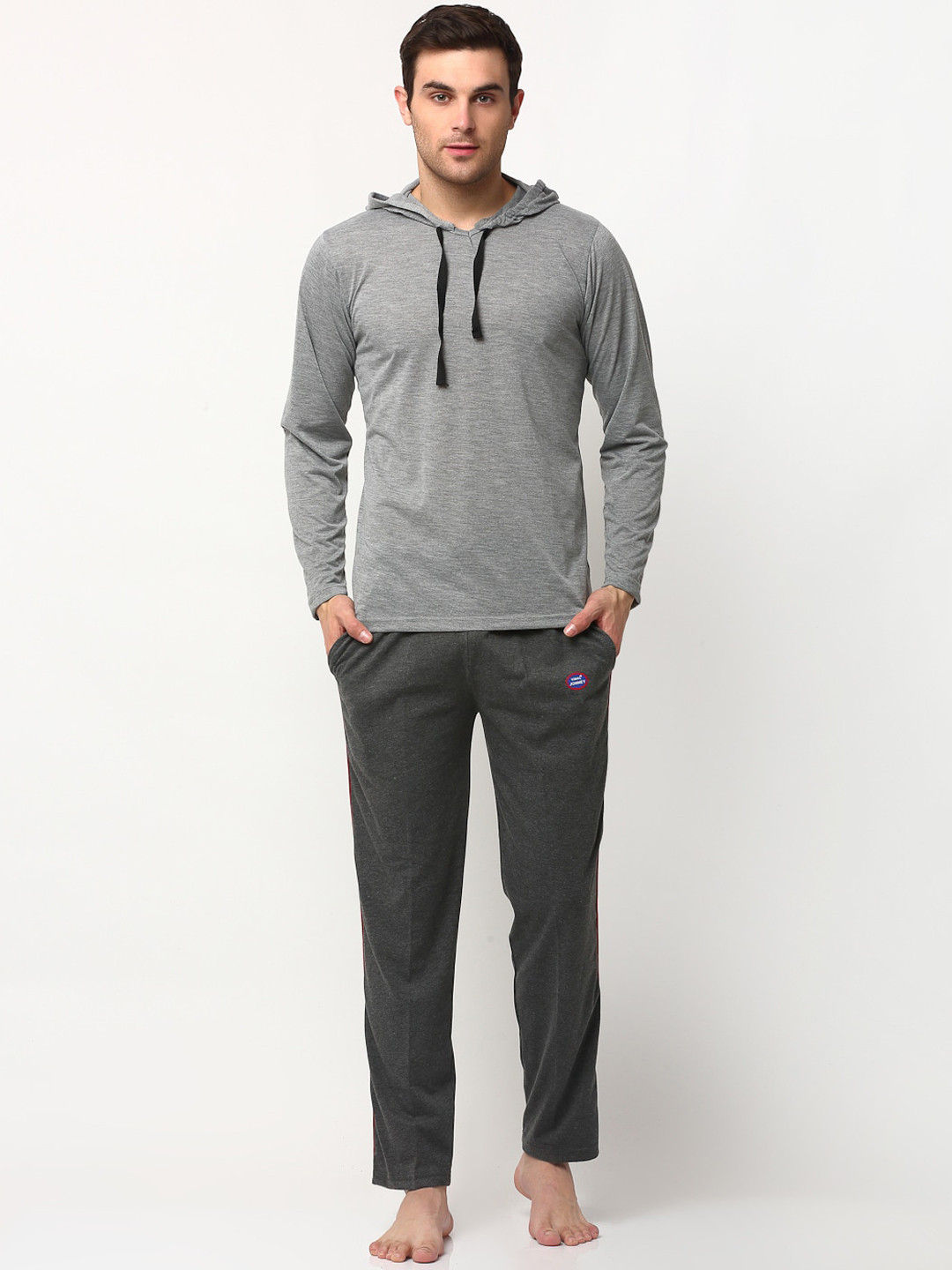 

VIMAL JONNEY Men Grey Melange & Black Solid Night suit