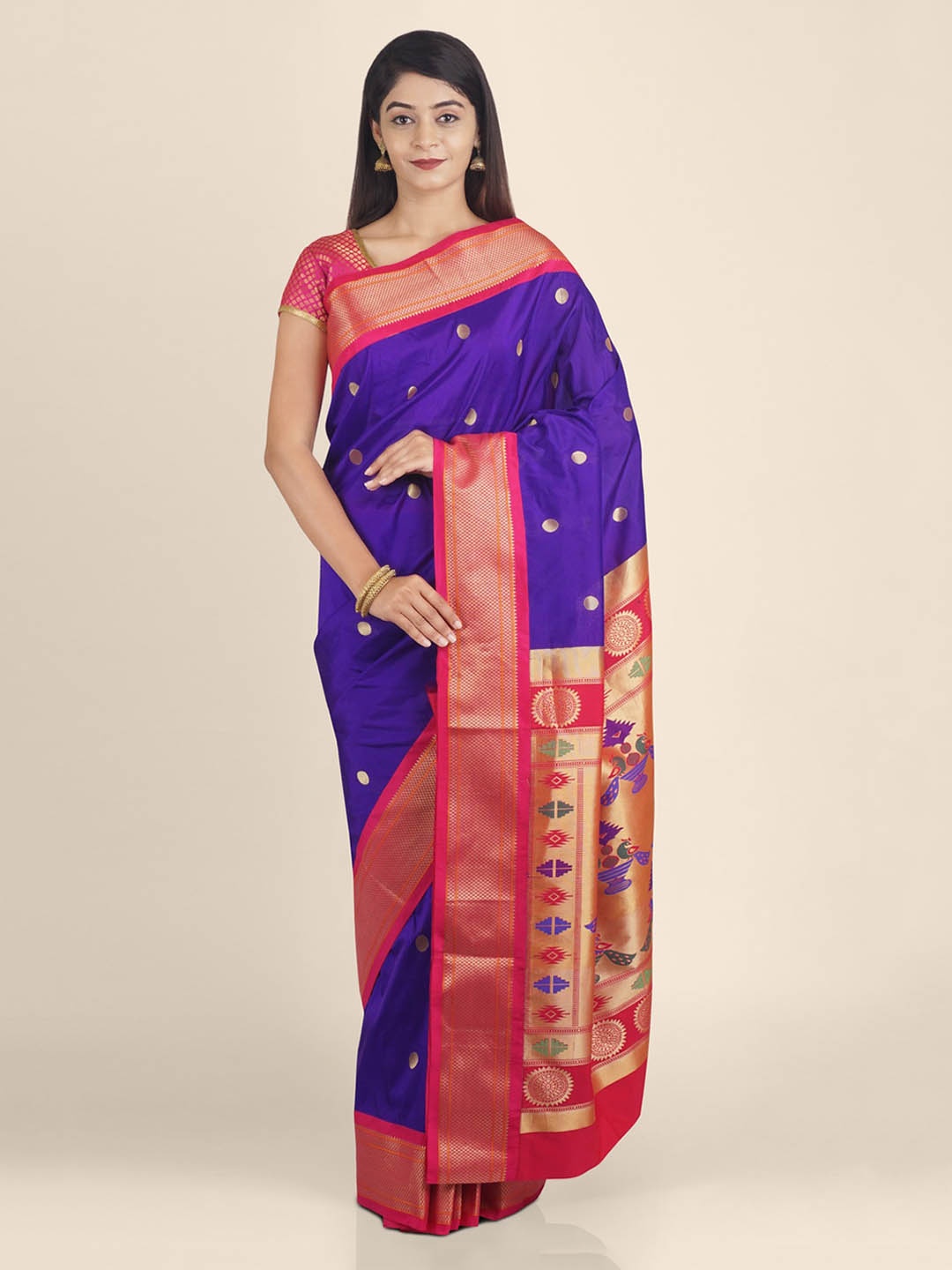 KAJREE Purple & Red Silk Blend Woven Design Handloom Paithani Saree